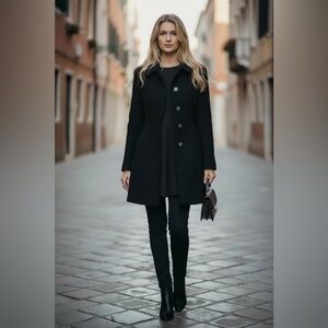 Fleurette Black Wool Viscose Bouclé Swing Coat, Size 6 Made in USA